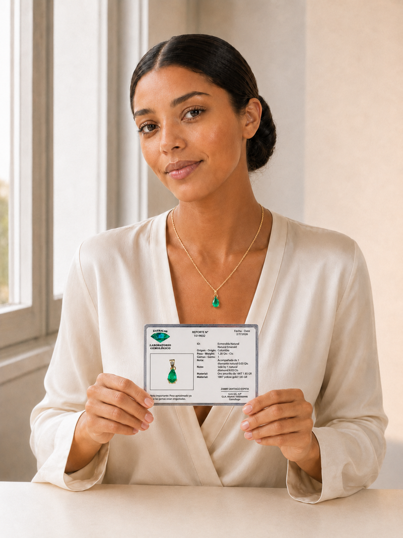 Modelo con el dije de esmeralda puesto, sosteniendo el certificado de origen de la esmeralda colombiana