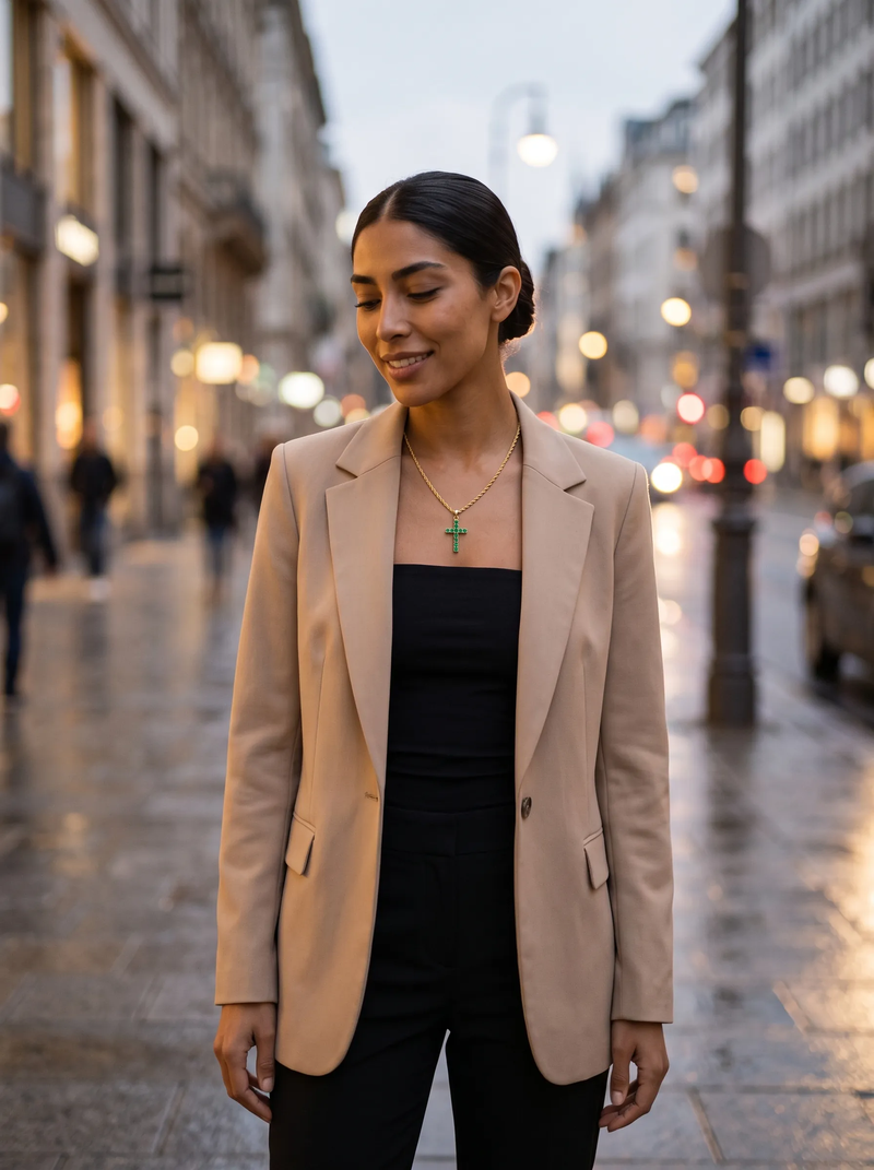 Modelo con la cadena cuerda al cuello