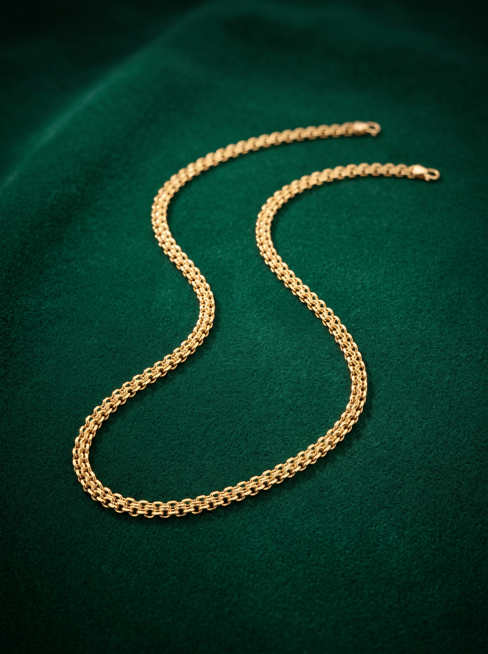 Cadena Chinesca en oro 18k, tejido bismark, sobre terciopelo verde