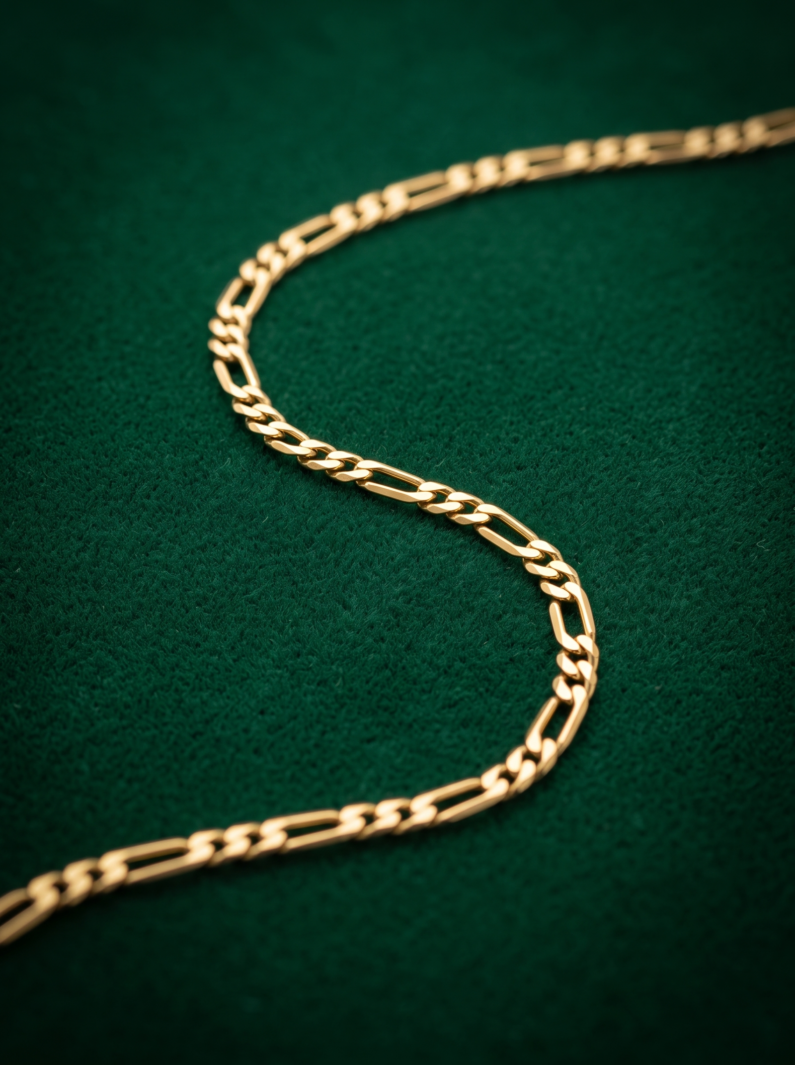 Cadena Fígaro en oro 18k, eslabón 3+1, sobre terciopelo verde