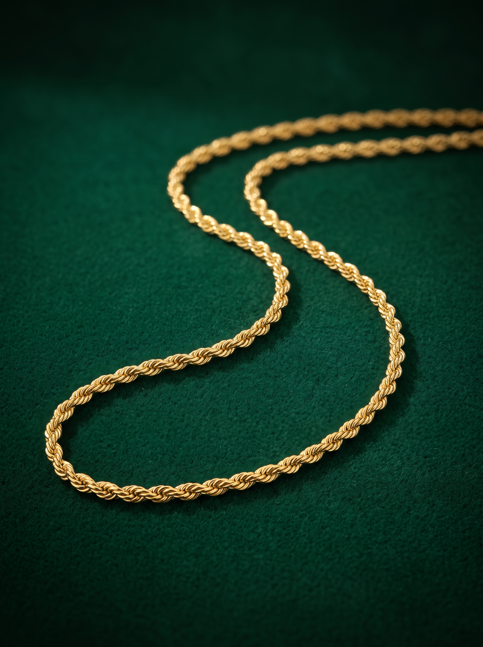 Cadena Lazo en oro 18k, tejido cuerda, sobre terciopelo verde