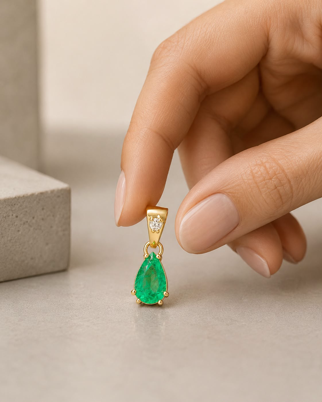 Dije gota de esmeralda sostenido con la mano sobre piedra clara, a escala real