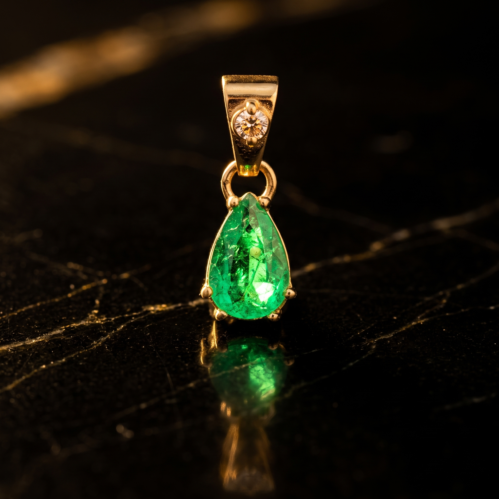 Dije gota de esmeralda y diamante sobre mármol negro, con su reflejo