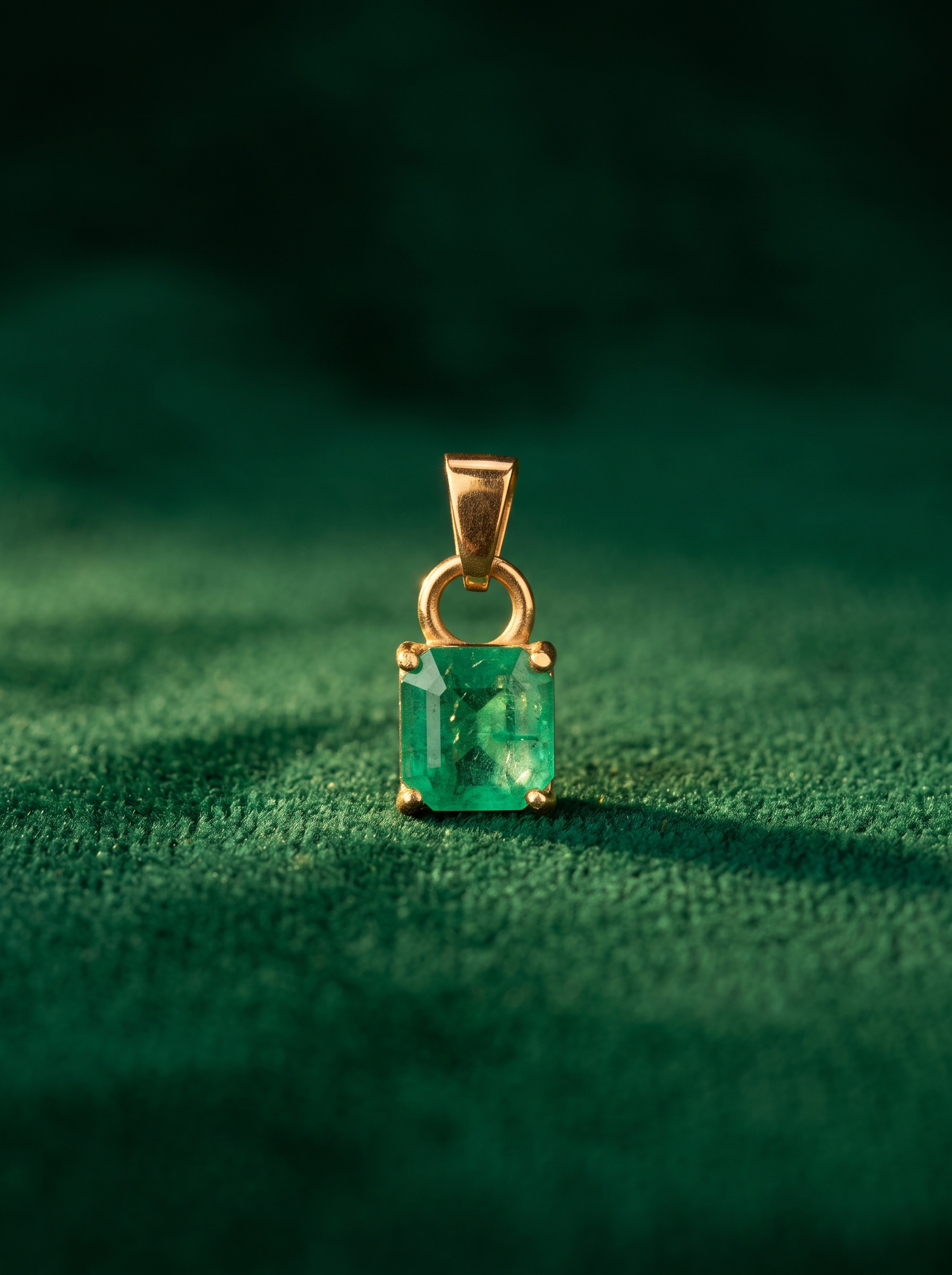 Dije solitario de esmeralda sobre terciopelo verde