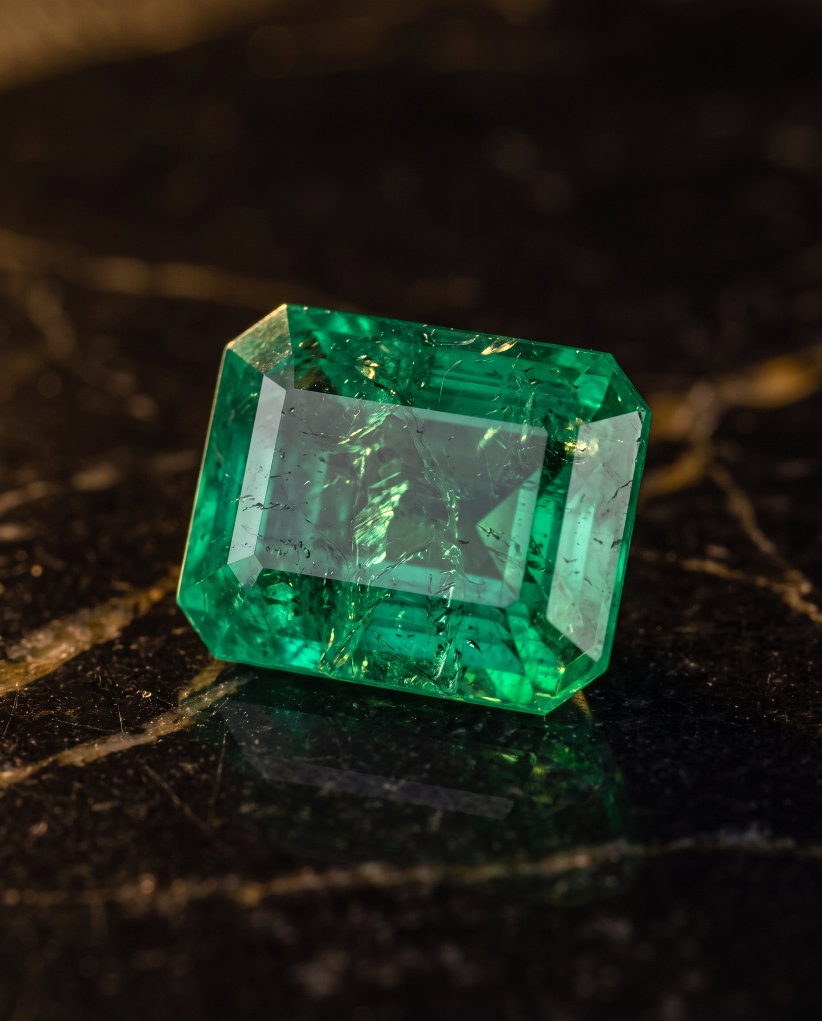 Macro de una esmeralda colombiana suelta: jardín y fisuras naturales a la vista