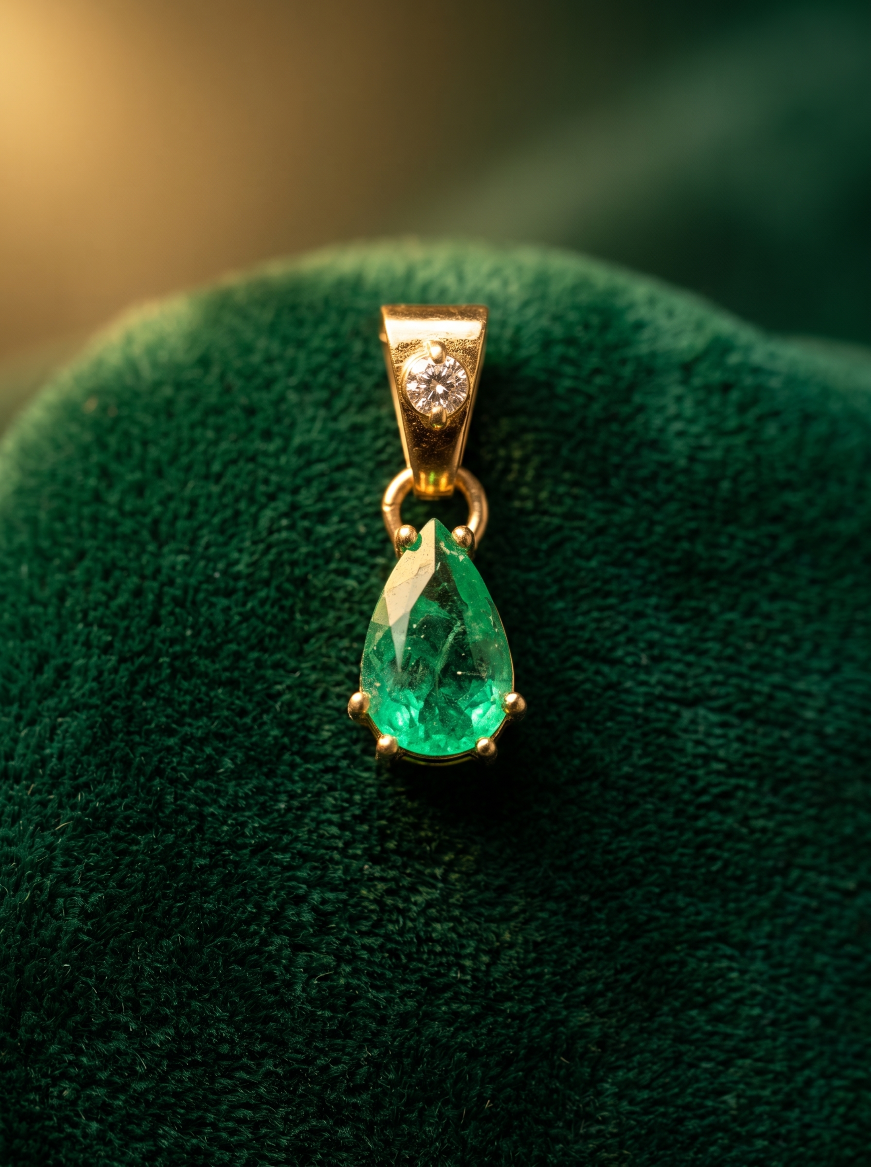 Dije gota con esmeralda colombiana y diamante en oro 18k