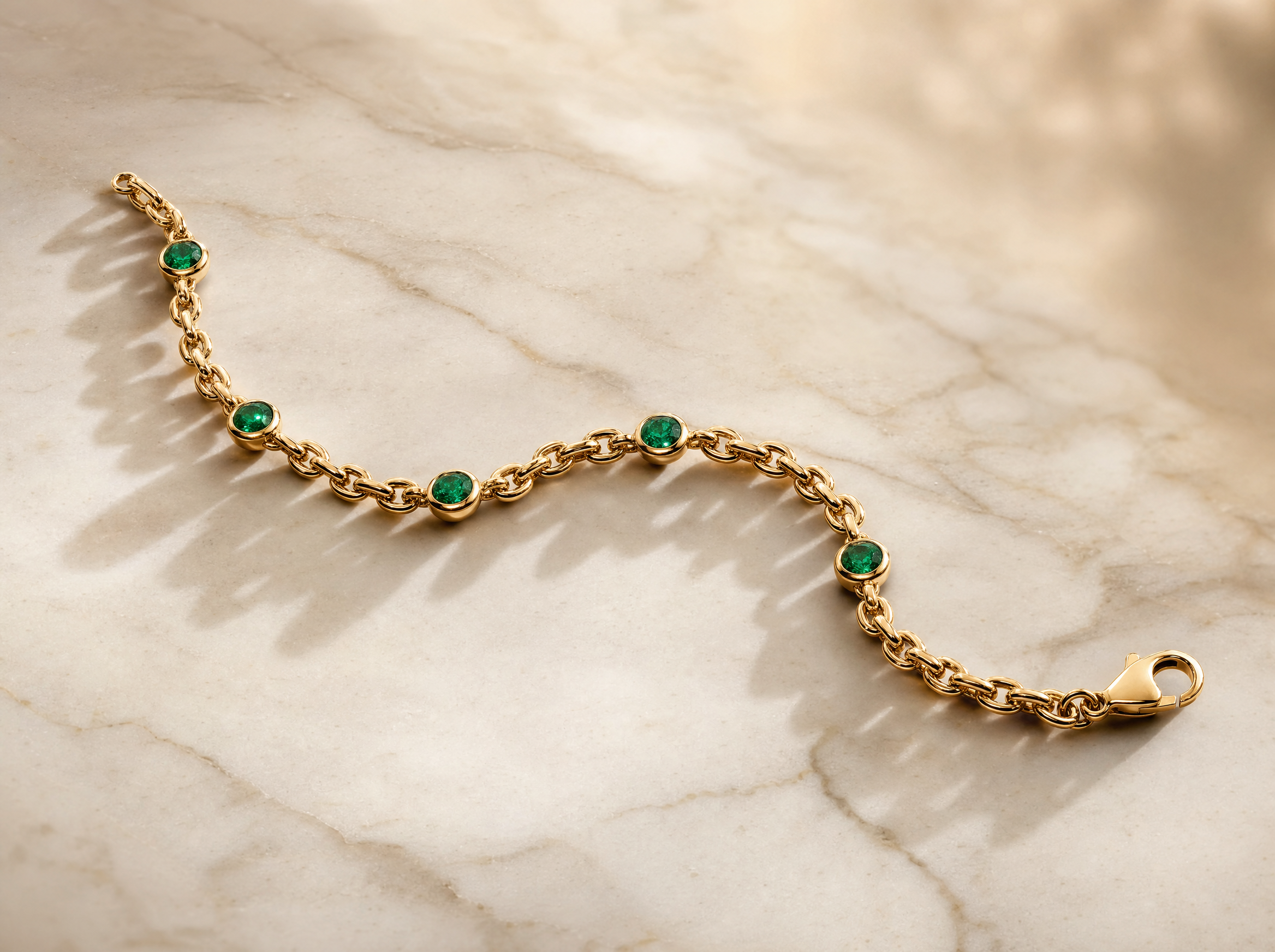 Pulsera italiana en oro 18k con cinco esmeraldas colombianas bezel-set